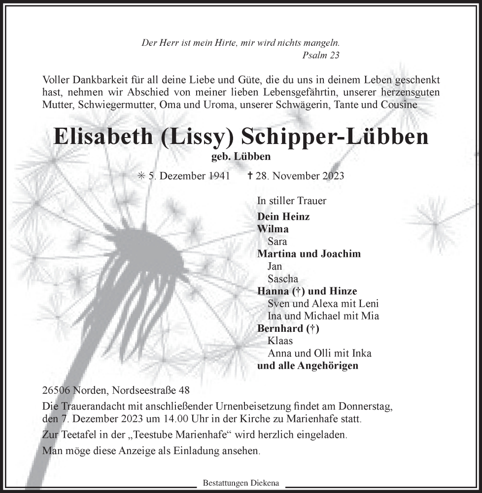  Traueranzeige für Elisabeth Schipper-Lübben vom 01.12.2023 aus Ostfriesischer Kurier