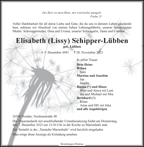 Traueranzeige von Elisabeth Schipper-Lübben von Ostfriesischer Kurier