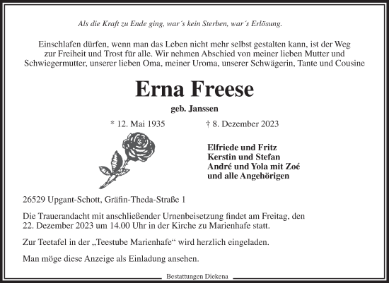 Traueranzeige von Erna Freese von Ostfriesischer Kurier