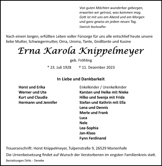 Traueranzeige von Erna Karola Knippelmeyer von Ostfriesischer Kurier