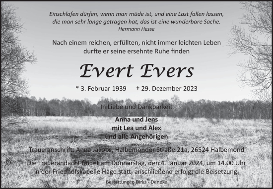 Traueranzeige von Evert Evers von Ostfriesischer Kurier