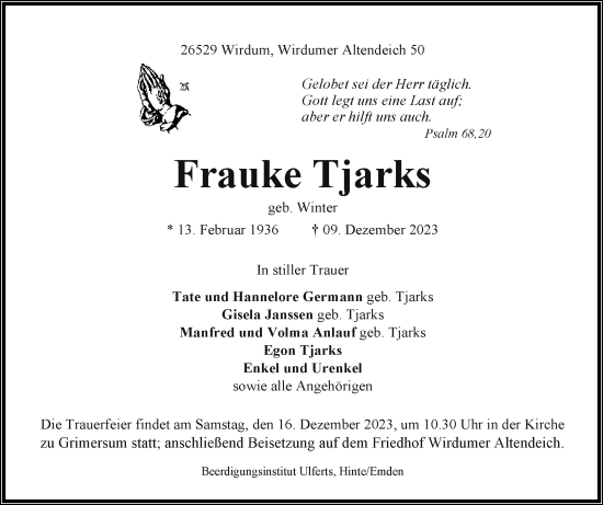 Traueranzeige von Frauke Tjarks von Ostfriesischer Kurier