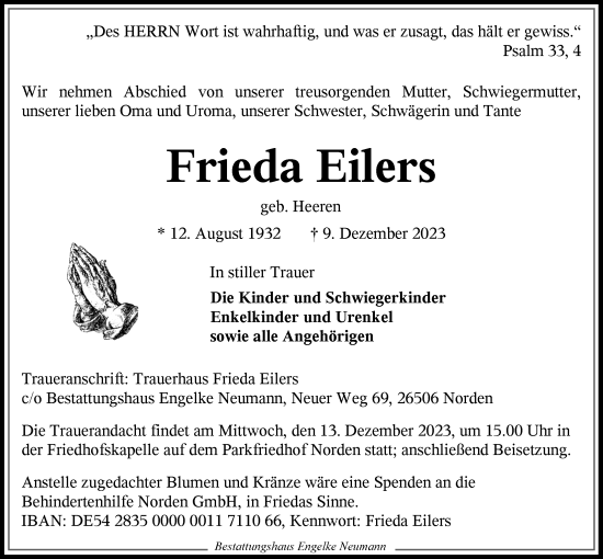 Traueranzeige von Frieda Eilers von Ostfriesischer Kurier