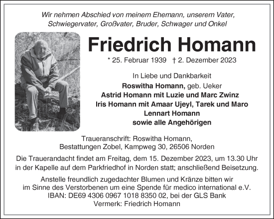 Traueranzeige von Friedrich Homann von Ostfriesischer Kurier