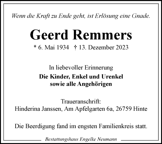 Traueranzeige von Geerd Remmers von Ostfriesischer Kurier