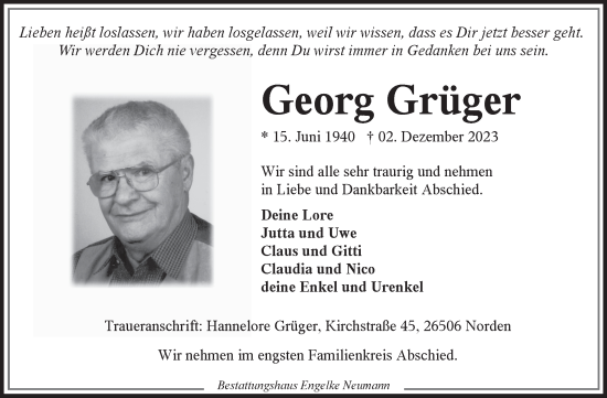 Traueranzeige von Georg Grüger von Ostfriesischer Kurier