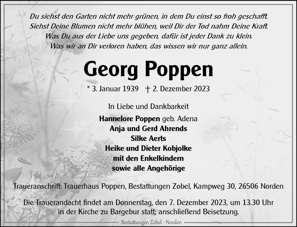  Traueranzeige für Georg Poppen vom 04.12.2023 aus Ostfriesischer Kurier