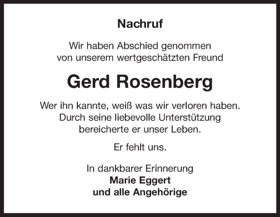 Traueranzeige von Gerd Rosenberg von Ostfriesischer Kurier