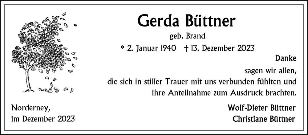  Traueranzeige für Gerda Büttner vom 30.12.2023 aus Ostfriesischer Kurier