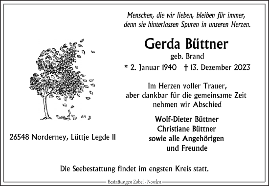 Traueranzeige von Gerda Büttner von Ostfriesischer Kurier