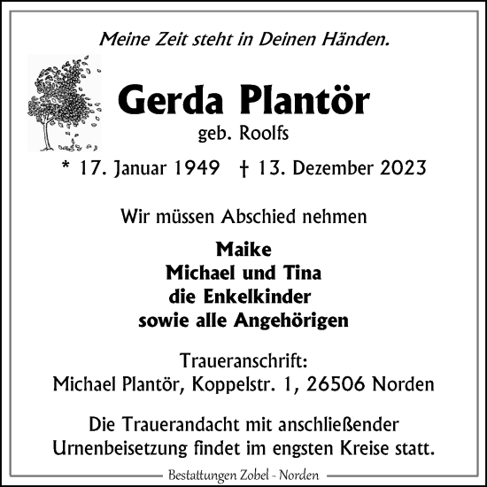 Traueranzeige von Gerda Plantör von Ostfriesischer Kurier