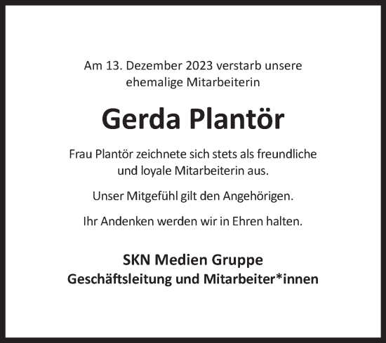 Traueranzeige von Gerda Plantör von Ostfriesischer Kurier