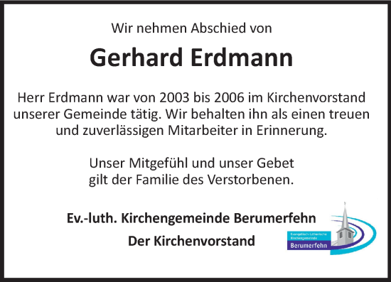 Traueranzeige von Gerhard Erdmann von Ostfriesischer Kurier