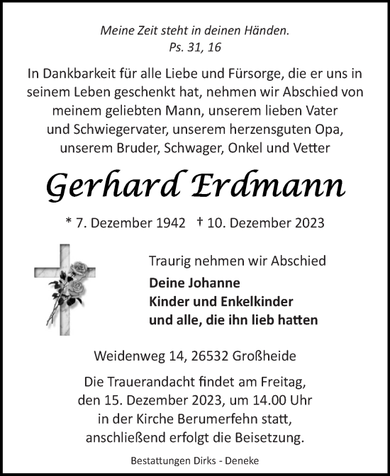 Traueranzeige von Gerhard Erdmann von Ostfriesischer Kurier