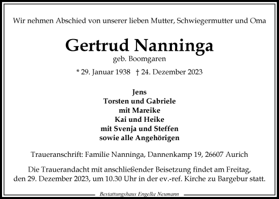 Traueranzeige von Gertrud Nanninga von Ostfriesischer Kurier