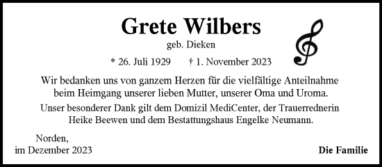 Traueranzeige von Grete Wilbers von Ostfriesischer Kurier