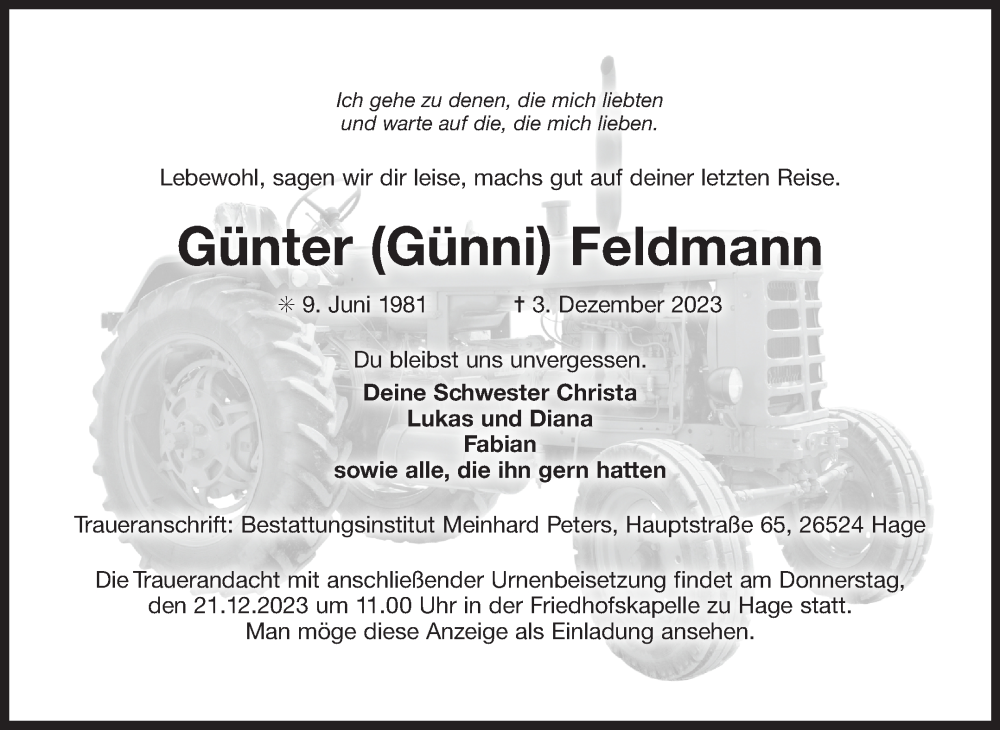 Traueranzeige für Günter  Feldmann vom 16.12.2023 aus Ostfriesischer Kurier