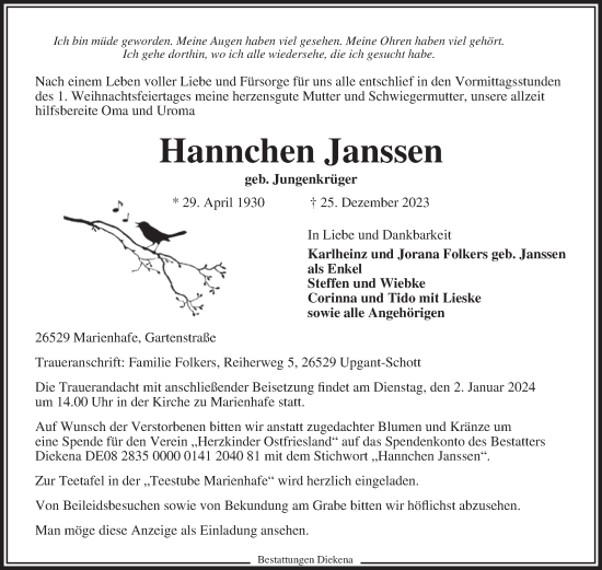 Traueranzeige von Hannchen Janssen von Ostfriesischer Kurier