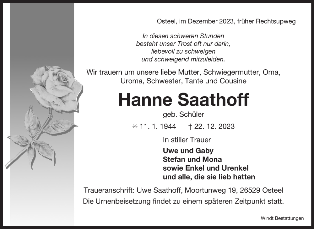  Traueranzeige für Hanne Saathoff vom 30.12.2023 aus Ostfriesischer Kurier