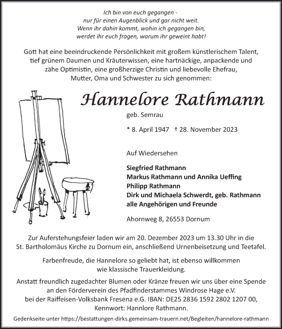 Traueranzeige von Hannelore Rathmann von Ostfriesischer Kurier