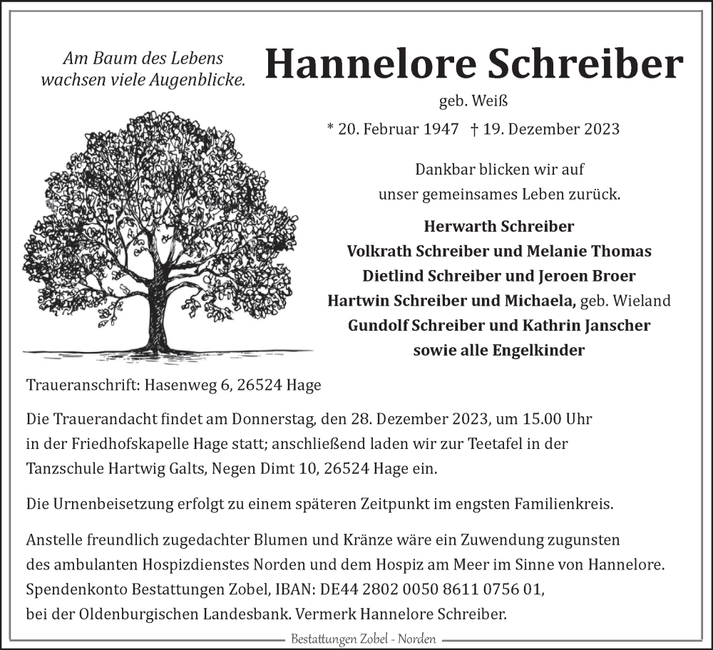  Traueranzeige für Hannelore Schreiber vom 23.12.2023 aus Ostfriesischer Kurier