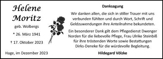 Traueranzeige von Helene Moritz von Ostfriesischer Kurier