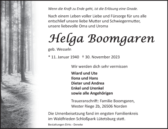 Traueranzeige von Helga Boomgaren von Ostfriesischer Kurier