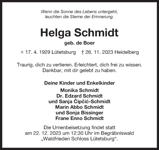 Traueranzeige von Helga Schmidt von Ostfriesischer Kurier