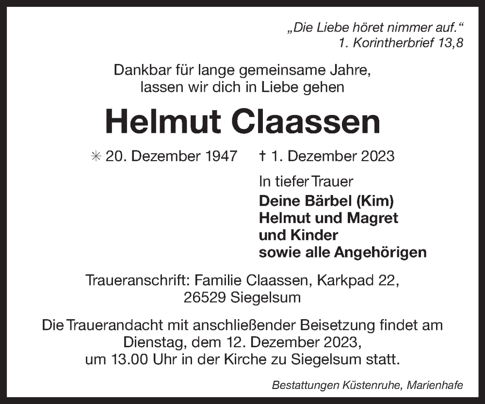  Traueranzeige für Helmut Claassen vom 09.12.2023 aus Ostfriesischer Kurier