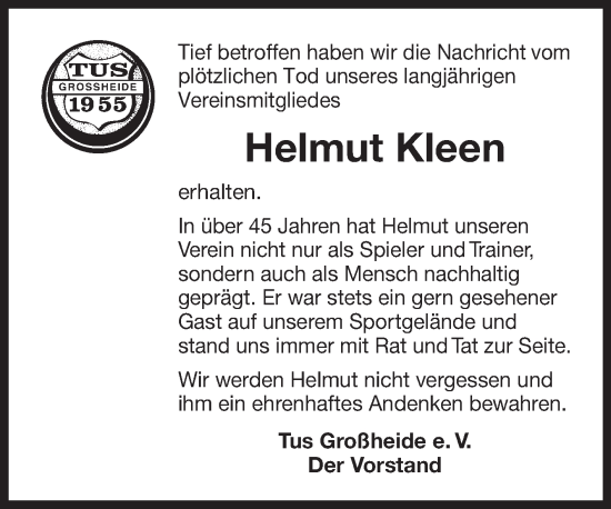 Traueranzeige von Helmut Kleen von Ostfriesischer Kurier