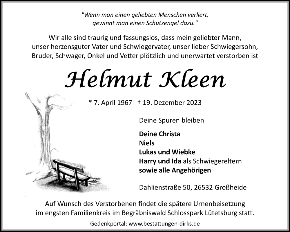  Traueranzeige für Helmut Kleen vom 23.12.2023 aus Ostfriesischer Kurier