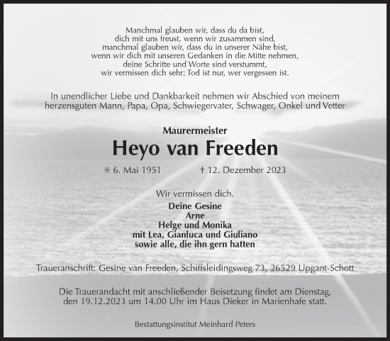 Traueranzeige von Heyo van Freeden von Ostfriesischer Kurier