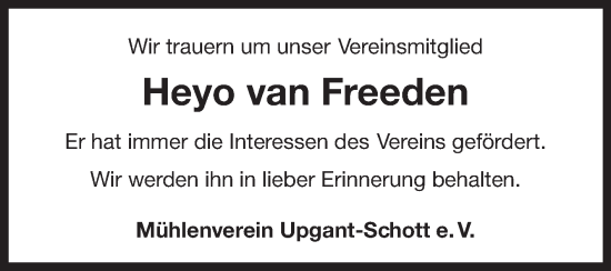 Traueranzeige von Heyo van Freeden von Ostfriesischer Kurier