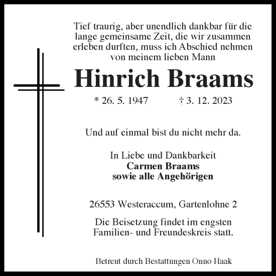 Traueranzeige von Hinrich Braams von Ostfriesischer Kurier