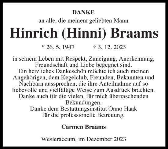 Traueranzeige von Hinrich Braams von Ostfriesischer Kurier