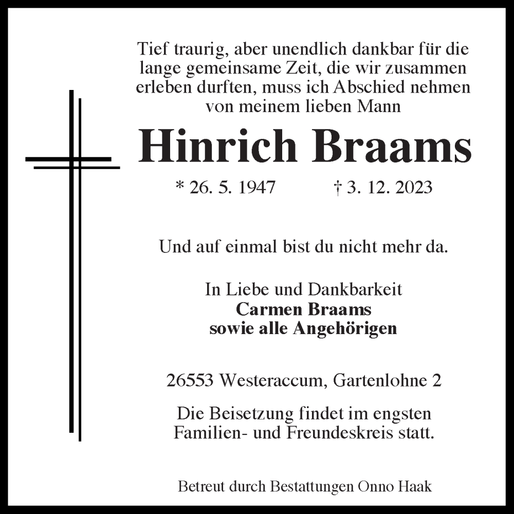  Traueranzeige für Hinrich Braams vom 05.12.2023 aus Ostfriesischer Kurier