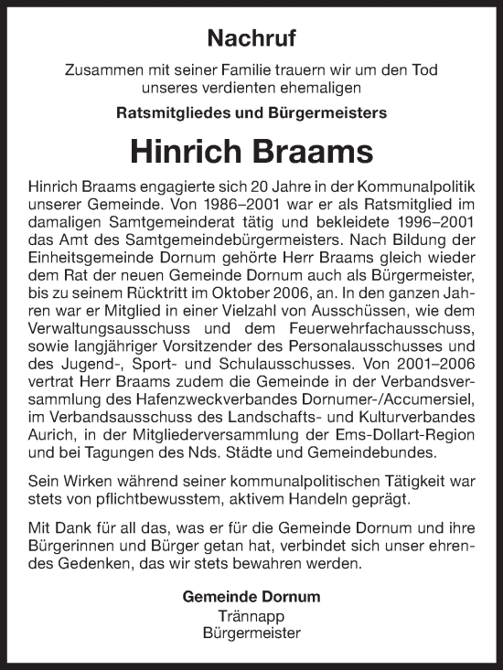 Traueranzeige von Hinrich Braams von Ostfriesischer Kurier