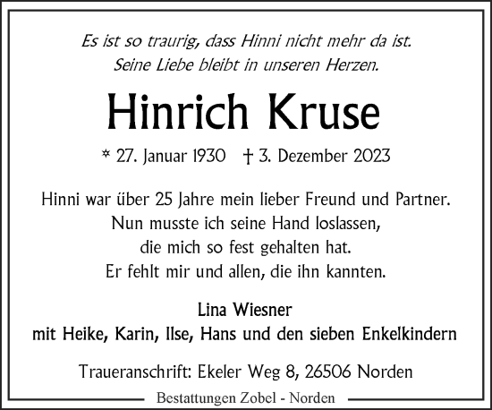 Traueranzeige von Hinrich Kruse von Ostfriesischer Kurier