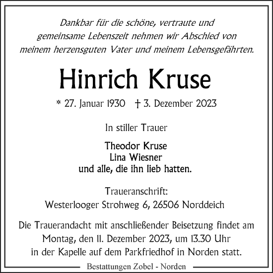 Traueranzeige von Hinrich Kruse von Ostfriesischer Kurier