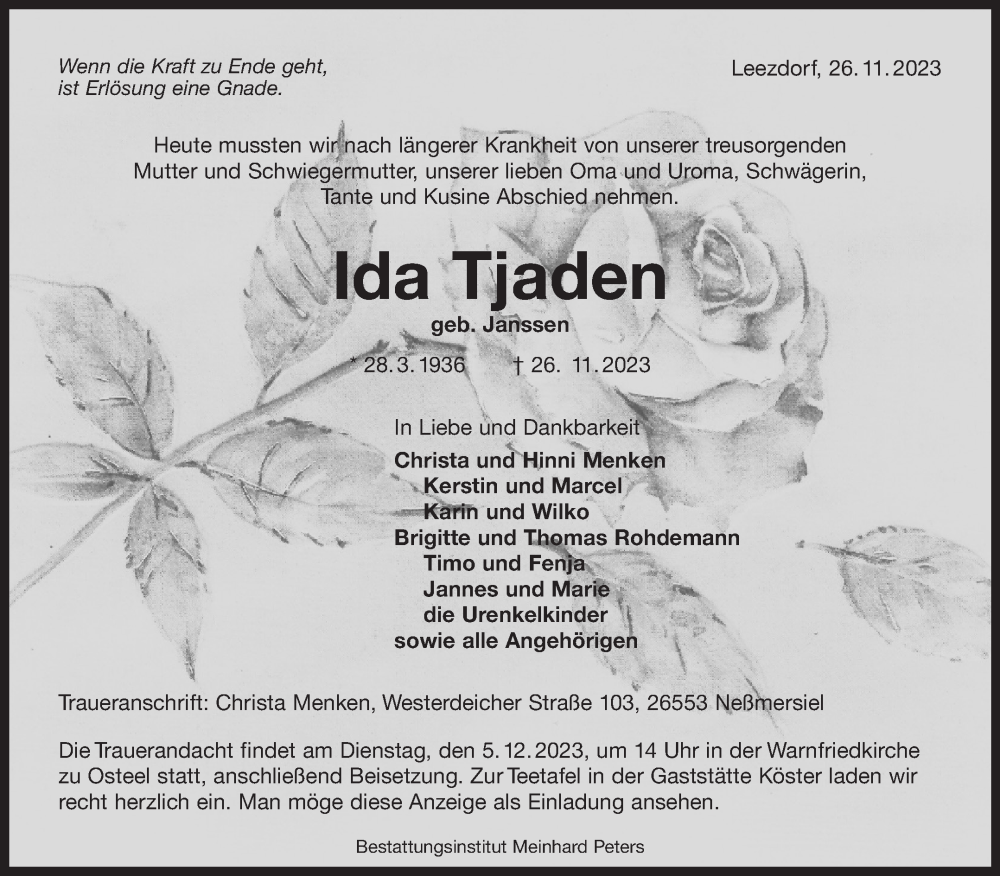  Traueranzeige für Ida Tjaden vom 02.12.2023 aus Ostfriesischer Kurier