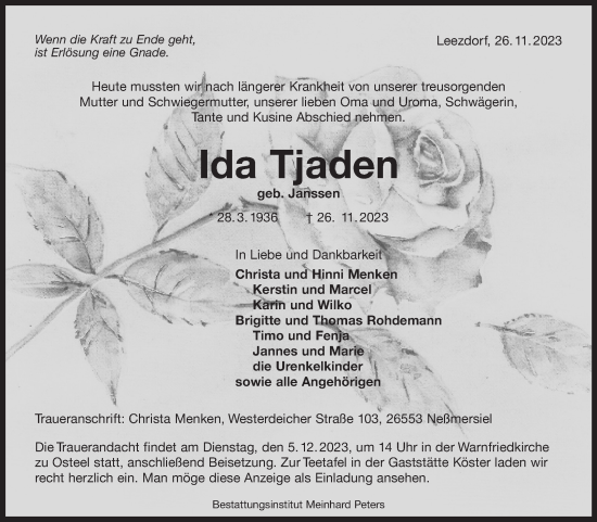 Traueranzeige von Ida Tjaden von Ostfriesischer Kurier