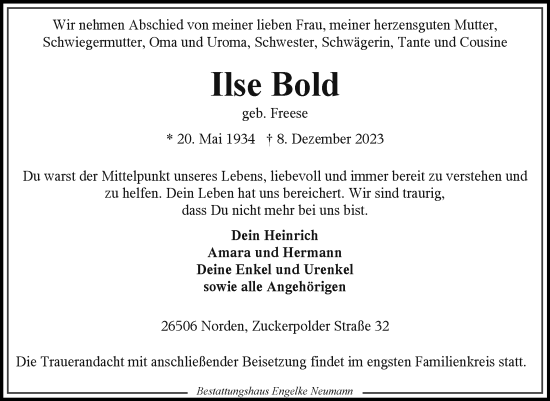 Traueranzeige von Ilse Bold von Ostfriesischer Kurier