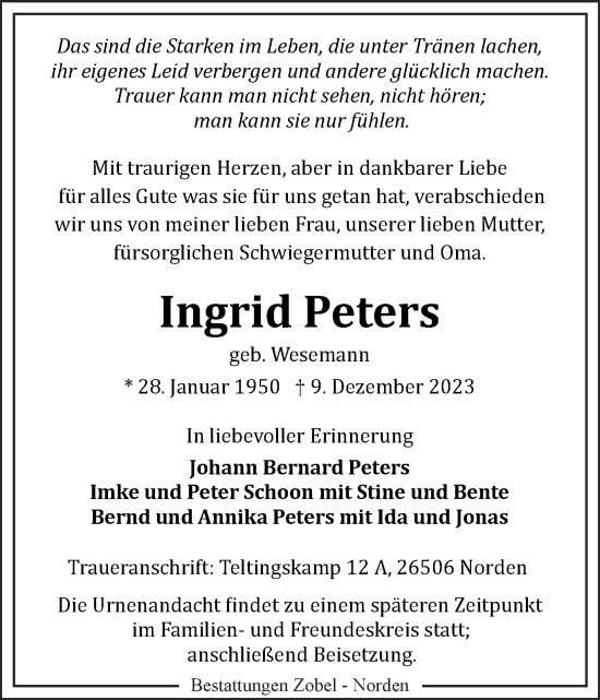 Traueranzeige von Ingrid Peters von Ostfriesischer Kurier