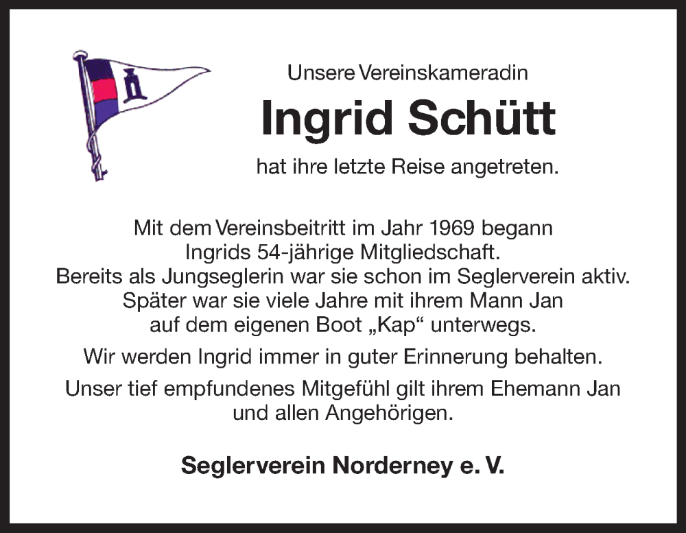  Traueranzeige für Ingrid Schütt vom 01.12.2023 aus Ostfriesischer Kurier