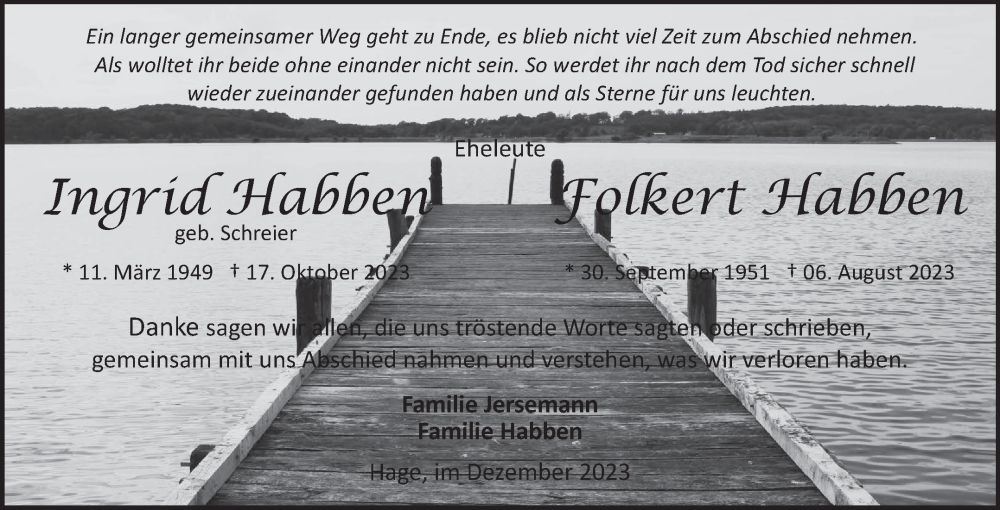  Traueranzeige für Ingrid und Folkert Habben vom 09.12.2023 aus Ostfriesischer Kurier
