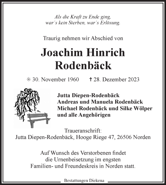 Traueranzeige von Joachim Hinrich Rodenbäck von Ostfriesischer Kurier