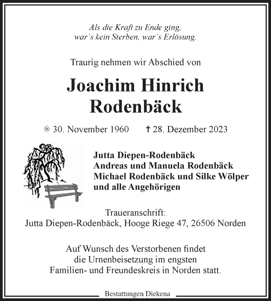  Traueranzeige für Joachim Hinrich Rodenbäck vom 30.12.2023 aus Ostfriesischer Kurier