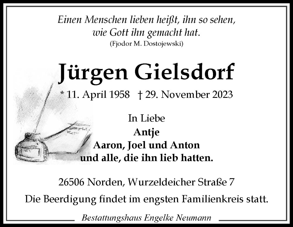 Traueranzeige für Jürgen Gielsdorf vom 05.12.2023 aus Ostfriesischer Kurier