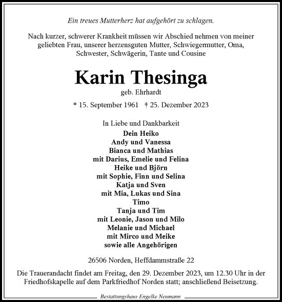 Traueranzeige von Karin Thesinga von Ostfriesischer Kurier