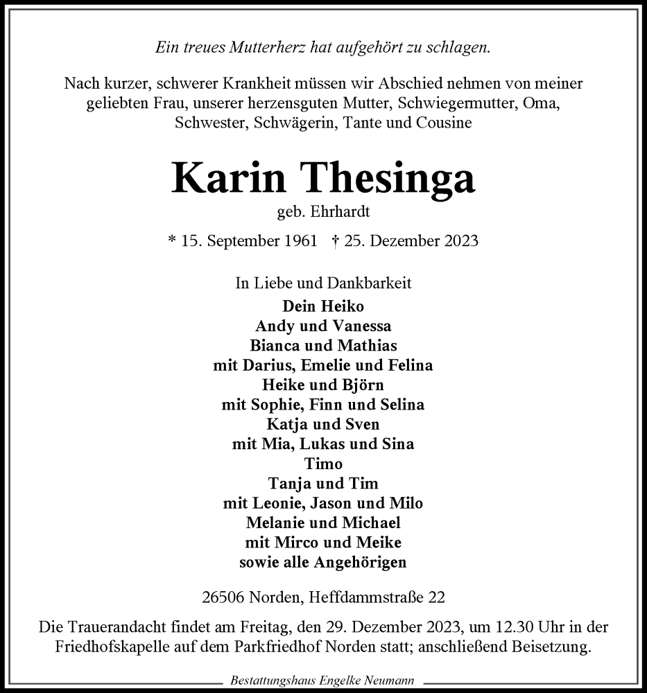  Traueranzeige für Karin Thesinga vom 27.12.2023 aus Ostfriesischer Kurier